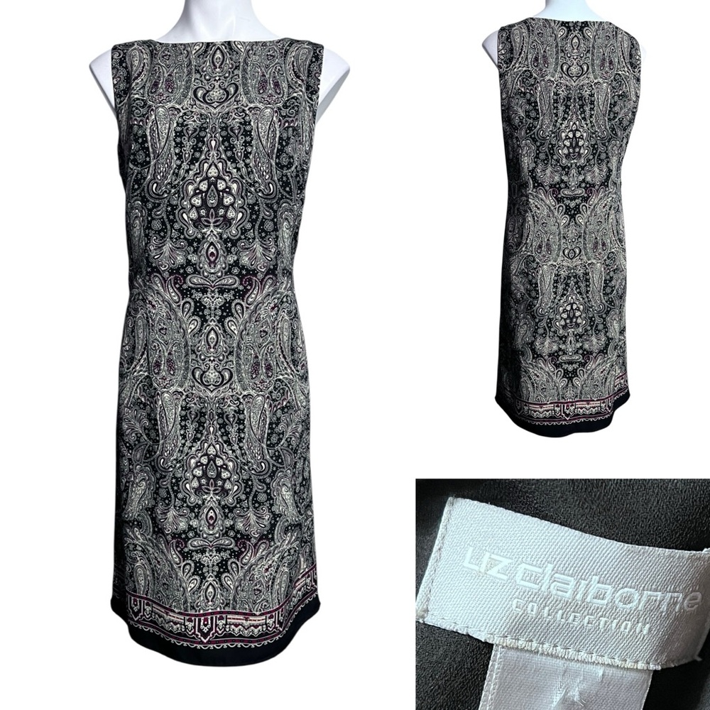 Liz Claiborne dress sz 12 Black multicolor sleeveless shift knee length office